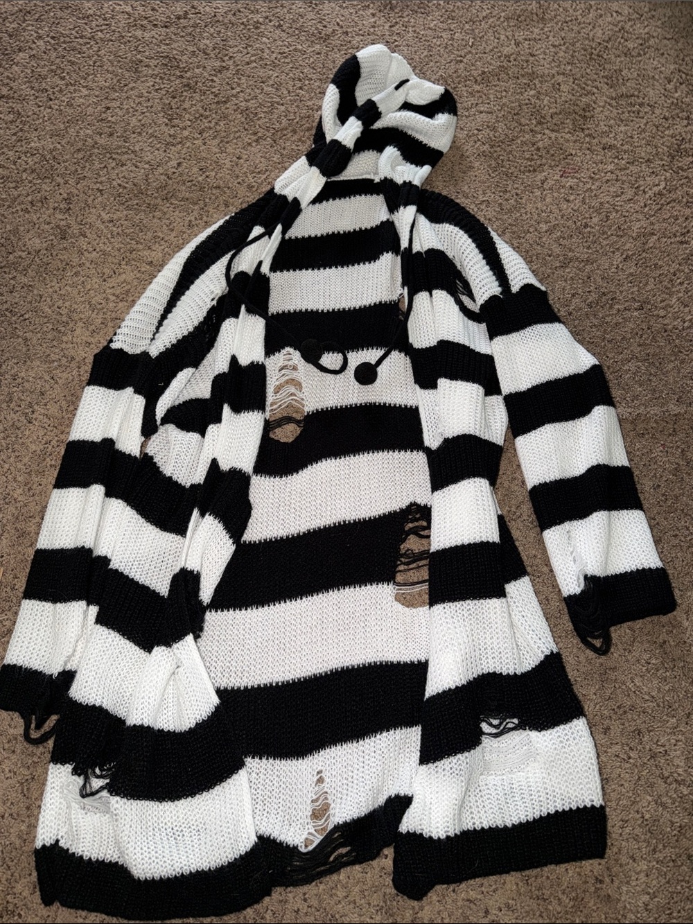 SHEIN Black and White Striped Hooded Cardigan